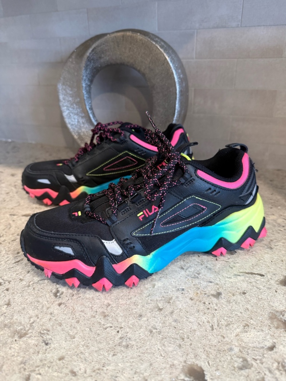 Fila Black Sneakers woman’s with Neon Pink and Gradient Blue-Green Sole
